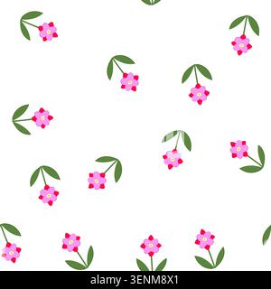 pattern simple pink and red flower illustration with a yellow center, green stem and two leaves on a white background minimalist, geometric floral ico Stock Vector