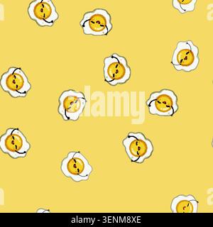 seamless pattern fried egg character cartoon. smile kid, arm emoji, flower run fried egg character sign vector Stock Vector