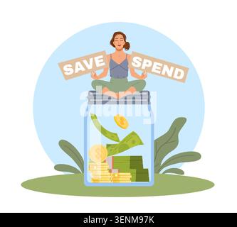 Savings balance. Save or spend options, woman keeps balance in piggy bank with finances, economy and stability choice, personal budget control, vector Stock Vector