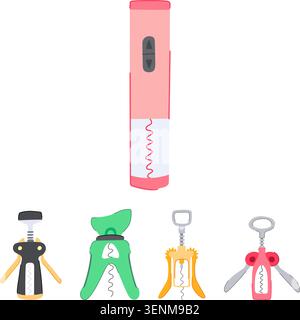 Various types of corkscrews, including a modern electric opener and several classic manual designs, are arranged on a clean white background, ready fo Stock Vector