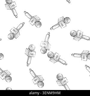 seamless pattern Microphone appearing in a black and white hand drawn engraving style, representing concepts of news, reporting, journalism, broadcast Stock Vector