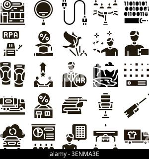 Collection of business, technology, logistics, and human resources solid glyph icons covering concepts like data processing, automation, management, r Stock Vector