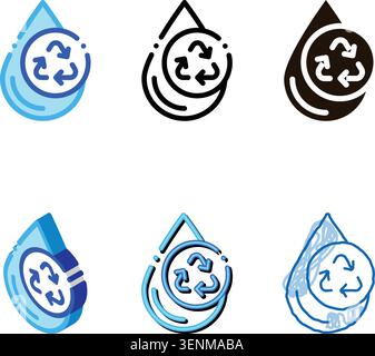 Water Drop And Recycling Mark Vector Sign Icon multistyle Thin Line. Water Drop, Filter Liquid Clearing Linear Pictogram. Recycling Environmental Ecos Stock Vector
