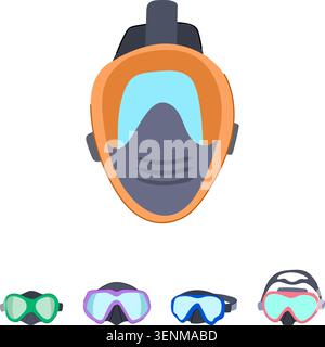 Modern flat illustration of full face snorkeling mask and assorted traditional swim and diving goggles in bright colors, isolated on white for water s Stock Vector