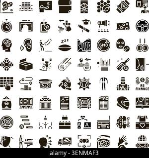 Diverse set of solid black glyph icons depicting a wide range of interconnected concepts, activities, and objects, useful for digital interfaces, web Stock Vector