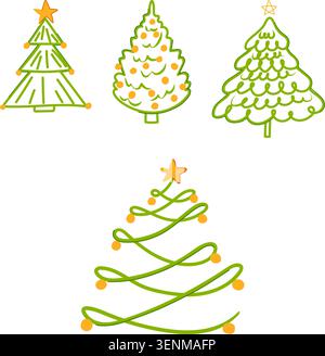 Collection of four unique evergreen tree illustrations, each featuring a golden star and festive decorations, creating a cheerful and graphic holiday Stock Vector