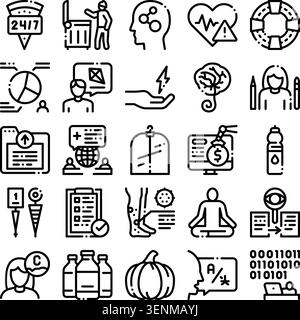 Set of minimalist vector icons representing services, health, tech and lifestyle concepts, 247 support, waste management, mind mapping, heart health, Stock Vector