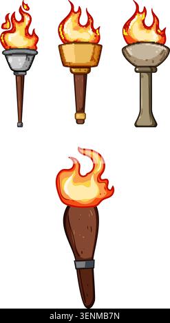 Collection of stylized burning torches illustrating concepts of light, power, ancient history, and competition, perfect for game assets or themed illu Stock Vector