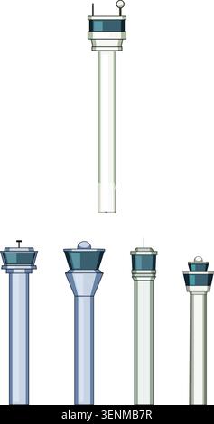 Air traffic control towers forming a set of vector illustrations, depicting various designs and structures used for managing flight operations and air Stock Vector