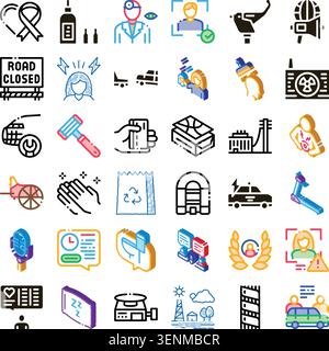 Set of diverse line and isometric icons representing concepts spanning health, medical care, safety, technology, transportation, communication, and en Stock Vector