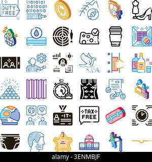 Variety of colorful and black and white glyph icons representing concepts like finance, business, technology, travel, medical, and various everyday ob Stock Vector