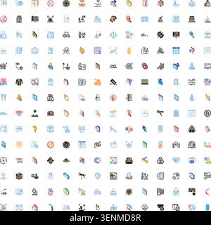 Large collection of diverse flat and isometric icons presenting concepts related to business, finance, health, technology, services, and everyday life Stock Vector