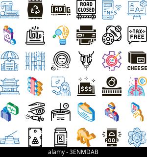 Set of diverse linear and isometric concept icons representing themes from business, technology, healthcare, transportation, and daily life, ideal for Stock Vector