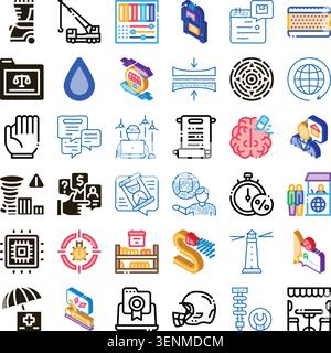 Collection of linear and isometric outline business and industry icons for web, app interfaces and infographics, covering finance, health, technology, Stock Vector