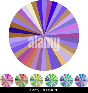 Radial color segments forming a circular abstract design, presenting a vivid pie chart of diverse hues and gradients ideal for digital art and graphic Stock Vector