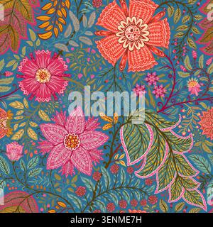 Blue Indian Chintz Floral Ornamental Pattern Stock Vector