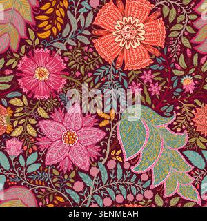 Maroon Indian Chintz Floral Ornamental Pattern Stock Vector