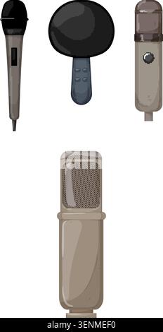 Different types of microphones including dynamic, condenser, and lavalier, isolated on a white background, useful for podcasting, broadcasting, and mu Stock Vector