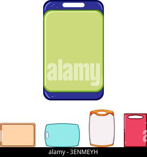 Bright, colorful plastic cutting board set on white background, multiple rectangular boards in blue, green, beige, red and orange for home cooking and Stock Vector