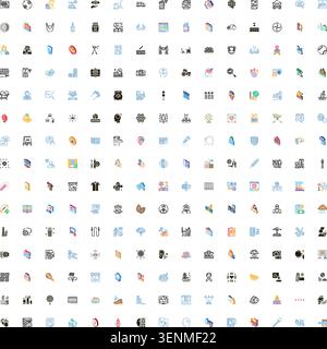 Large grid displaying a wide range of flat and isometric icons, symbolizing concepts for business, technology, social media, education, medical, and v Stock Vector