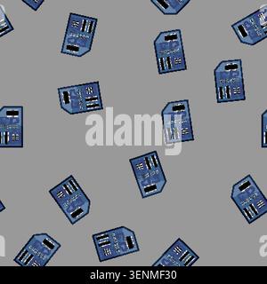 seamless pattern circuit microcontroller cartoon. technology microcontroller, electronic computer, isometric processor circuit microcontroller sign ve Stock Vector