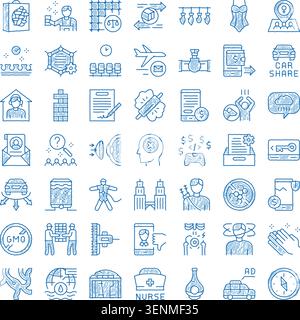 Doodle sketch icon set depicting business, tech, finance, travel, health, transport and real estate concepts in hand drawn line art for apps, infograp Stock Vector