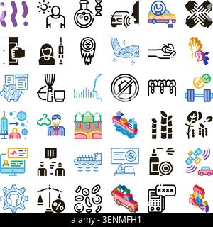 Collection of outline style icons illustrating diverse topics like science and medicine, transportation, technology, nature, finance, and human health Stock Vector