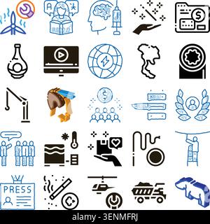 Variety of hand drawn and filled line icons representing diverse concepts related to global industries, technological advancements, economic activitie Stock Vector