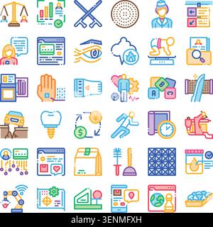 Vector collection illustrating diverse business services, modern technology, medical care, logistics, and education concepts with various colorful out Stock Vector