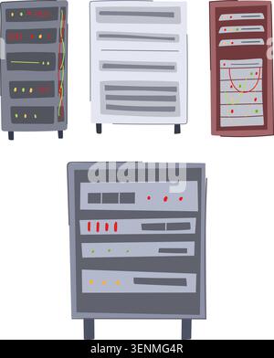 Illustrating various server racks featuring blinking lights and cables, conveying essential concepts of data management, internet technology, and digi Stock Vector