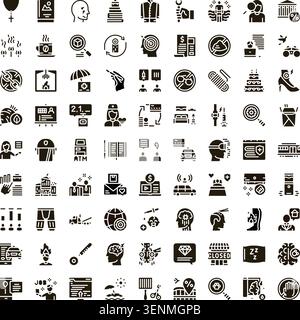 Extensive set of black and white glyph icons representing various aspects of modern life, technology, health, finance, education, and human experience Stock Vector