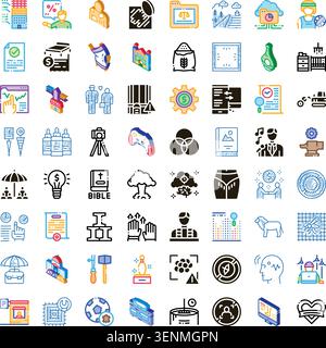Diverse set of 2d concept icons illustrating themes like business, finance, health, law, education, science, technology, art, religion, people, and da Stock Vector