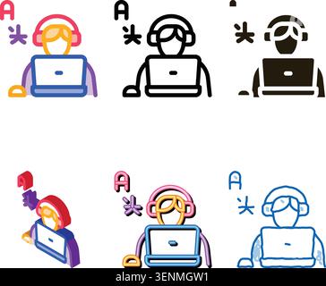 Human styleset Learn Foreign Language Icon Thin Line Vector. Man With Laptop And Earphones Listen International Language Color Symbol Stock Vector