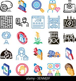 Diverse set of line and isometric icons representing various professional fields, business concepts, digital technologies, healthcare, safety, and com Stock Vector