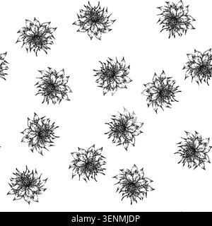 seamless pattern cumin nigella sativa hand drawn. medicine petal, caraway oil, plant asian cumin nigella sativa black sketch illustration Stock Vector