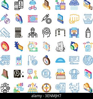 Extensive collection of diverse isometric and outline icons illustrating various concepts including business, technology, finance, medicine, and human Stock Vector