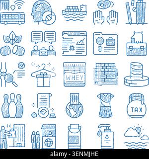 Hand drawn blue scratch icons set illustrating various concepts including global shipping, taxation, business analysis, health, sports, and product de Stock Vector
