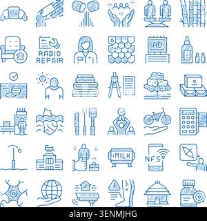 Set of various sketchy blue ink icons illustrating diverse services, industries, business concepts, everyday objects, and abstract ideas in a hand dra Stock Vector