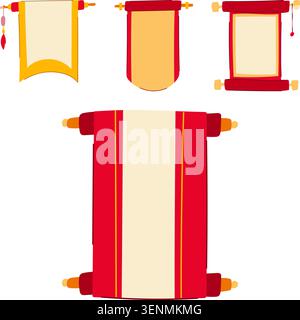 Collection of antique scrolls featuring red borders and blank pages, providing space for banners, announcements, or historical texts in an illustratio Stock Vector