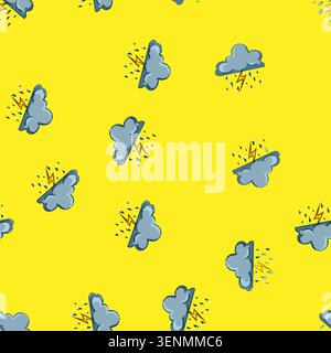 seamless pattern Grey comic cloud creating rain with falling lightning bolt, representing bad weather and illustrating natural elements for meteorolog Stock Vector