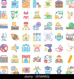 Large collection of colorful universal pixel perfect outline icons illustrating various concepts, problems, situations, and solutions across different Stock Vector