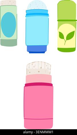 Roll on and stick deodorants with natural, organic ingredients and eco friendly packaging, minimalist product set for daily body care, freshness and s Stock Vector