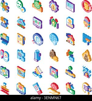 Isometric icons presenting diverse concepts including technology, finance, medicine, food, industry, smart living, and global communication on a white Stock Vector