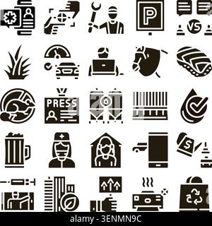 Set of diverse monochrome glyph icons presenting various industries, modern services, innovative concepts, and essential everyday activities for graph Stock Vector