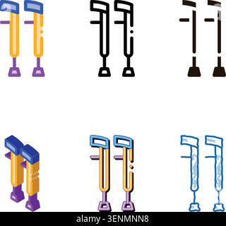 Orthopedic Crutch Medical Equipment Vector Icon Thin Line. Orthopedic And Trauma Rehabilitation, simplified Belt And Walkers Concept Linear Pictogram. Stock Vector