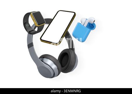 Floating smartphone headphones watch and earbuds isolated on white background as a modern tech concept. Stock Photo