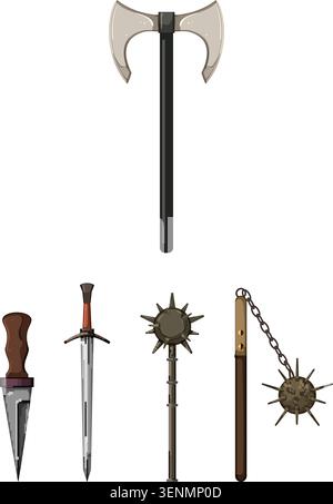 Set of assorted ancient implements including a double bladed axe, dagger, sword, mace, and flail, representing historical warfare and fantasy adventur Stock Vector