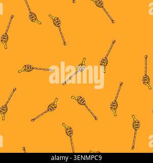 pattern spoon honey hand drawn vector. wooden dipper, stick wood liquid drop spoon honey sketch illustration Stock Vector