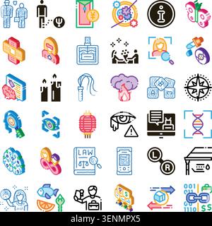 Collection of isometric icons illustrating various concepts from business, finance, medicine, and technology, including people, communication, innovat Stock Vector