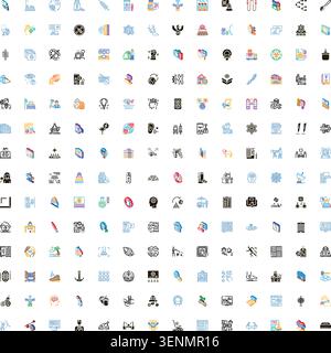 Large grid displaying a diverse collection of flat and isometric style icons, illustrating various concepts related to business, medicine, communicati Stock Vector